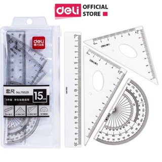 Bộ 4 dụng cụ eke học sinh Deli - 1 bộ eke thước kẻ đo góc tam giác vuông - 71988