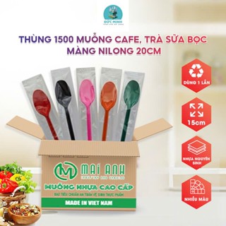Thùng muỗng cafe, trà sữa bọc màng nilong 20cm loại tốt dùng 1 lần - muỗng nhựa nhiều màu (muỗng dài - BM / LT)