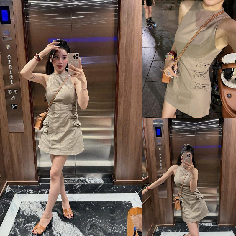 Váy Kaki Thô Sát Nách Đính Nơ Eo 2001 Clothing