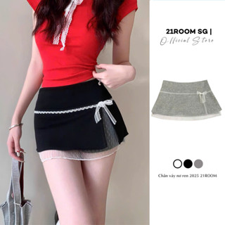  V83 Chân Váy Nữ Ngắn Đính Nơ 21ROOM Chân Váy Xếp Ly Dáng Xòe Phối Ren Cạp Cao Basic Màu Đen Xám Trắng 