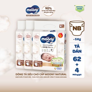 [V][TẶNG MIẾNG NGẪU NHIÊN] Bộ 3 Tã dán Moony Natural siêu cao cấp NB62+4/S58+2/M46/L38