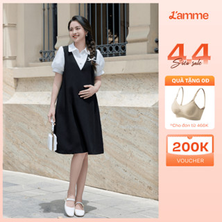 Váy bầu, đầm bầu tay bồng LIZ Dress thiết kế giả yếm thanh lịch, sang trọng tiểu thư chất liệu chéo hàn mềm mại L'amme