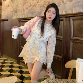 BY YOU Set váy nữ Áo sơ mi hoa nhí cổ đứng, chân váy xòe có bèo tầng dáng ngắn chữ A phong cách ulzzang tiểu thư ulzzang