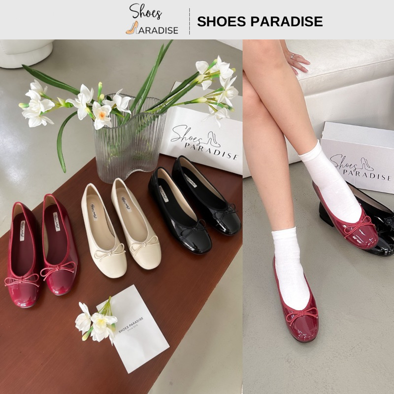 Giày búp bê bệt phối nơ chất da bóng sang, đẹp đi học, đi chơi màu đỏ, trắng, đen Shoes Paradise L13