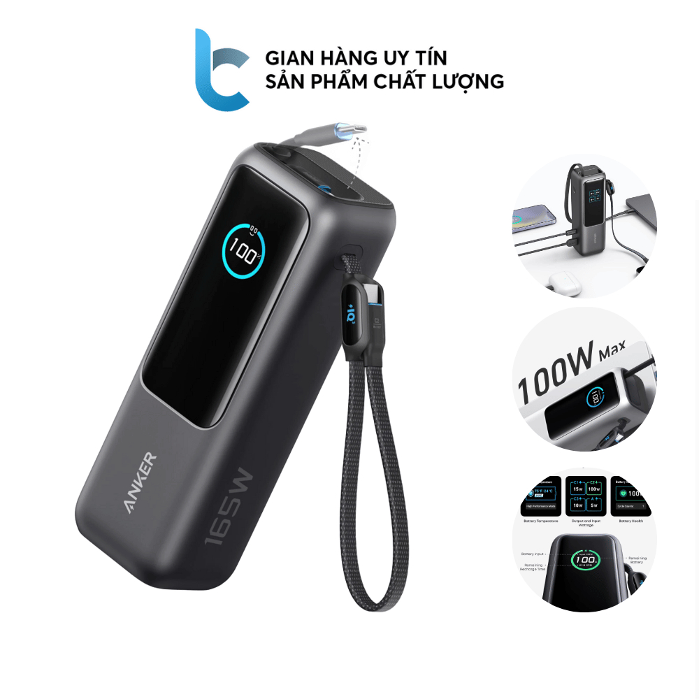 Sạc Dự Phòng Anker Zolo 25000mAh 165W A1695 Tích Hợp 2 Cáp Sạc USB-C 100W Màn Hình Thông Minh