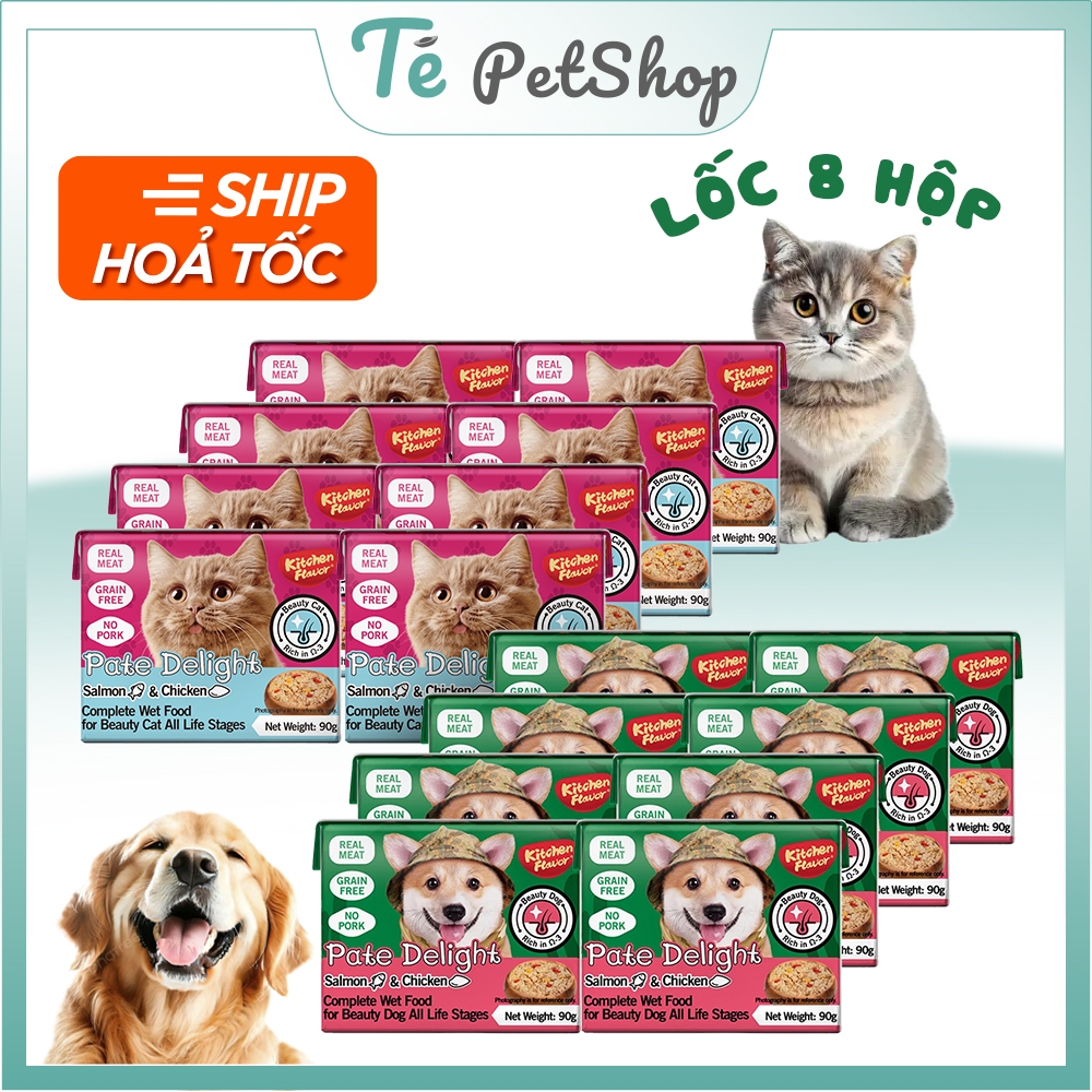 [Lốc 8 hộp] Pate Delight Kitchen Flavor 90g Cho CHÓ / MÈO Hương vị Cá Hồi & Gà