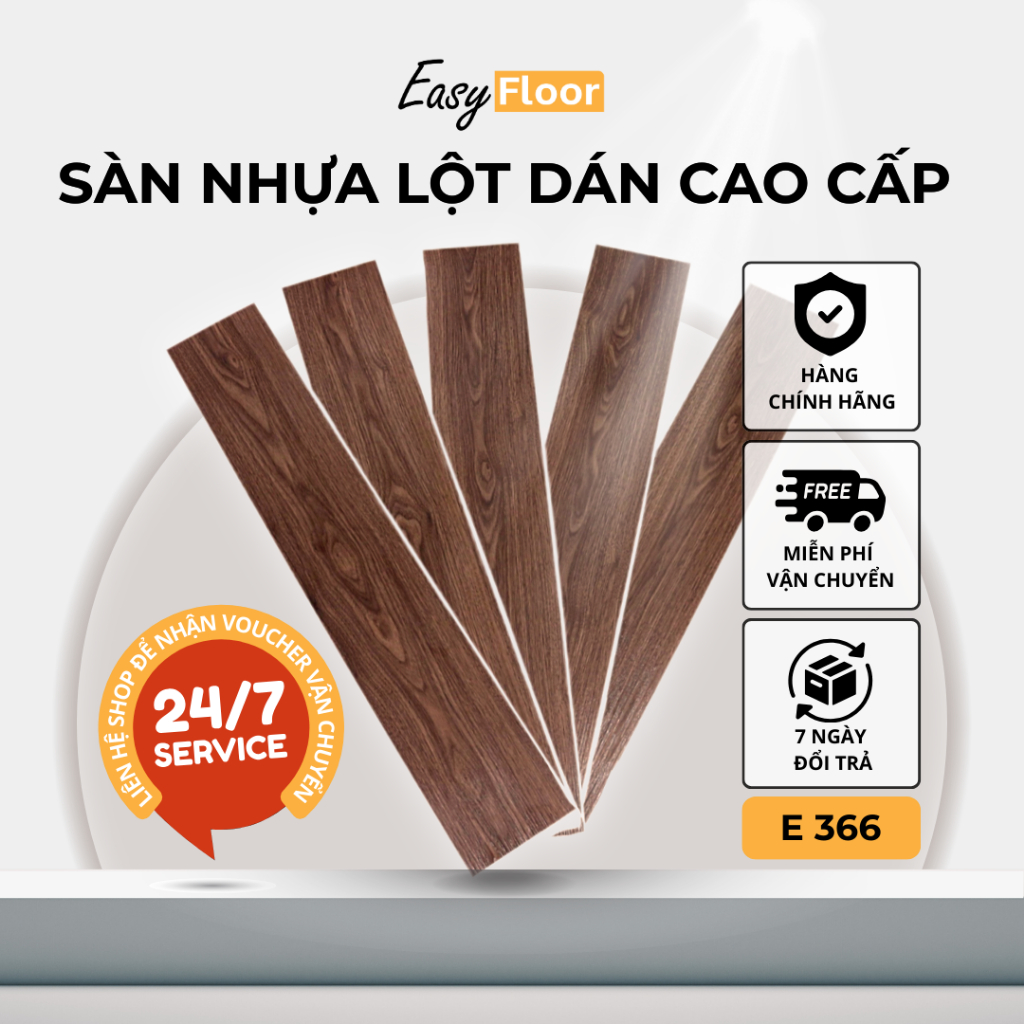Sàn Nhựa Giả Gỗ Lột Dán Cao Cấp E366 Màu Nâu Tối – Hàng Chính Hãng (Theo Hộp/4m2/28 Tấm)