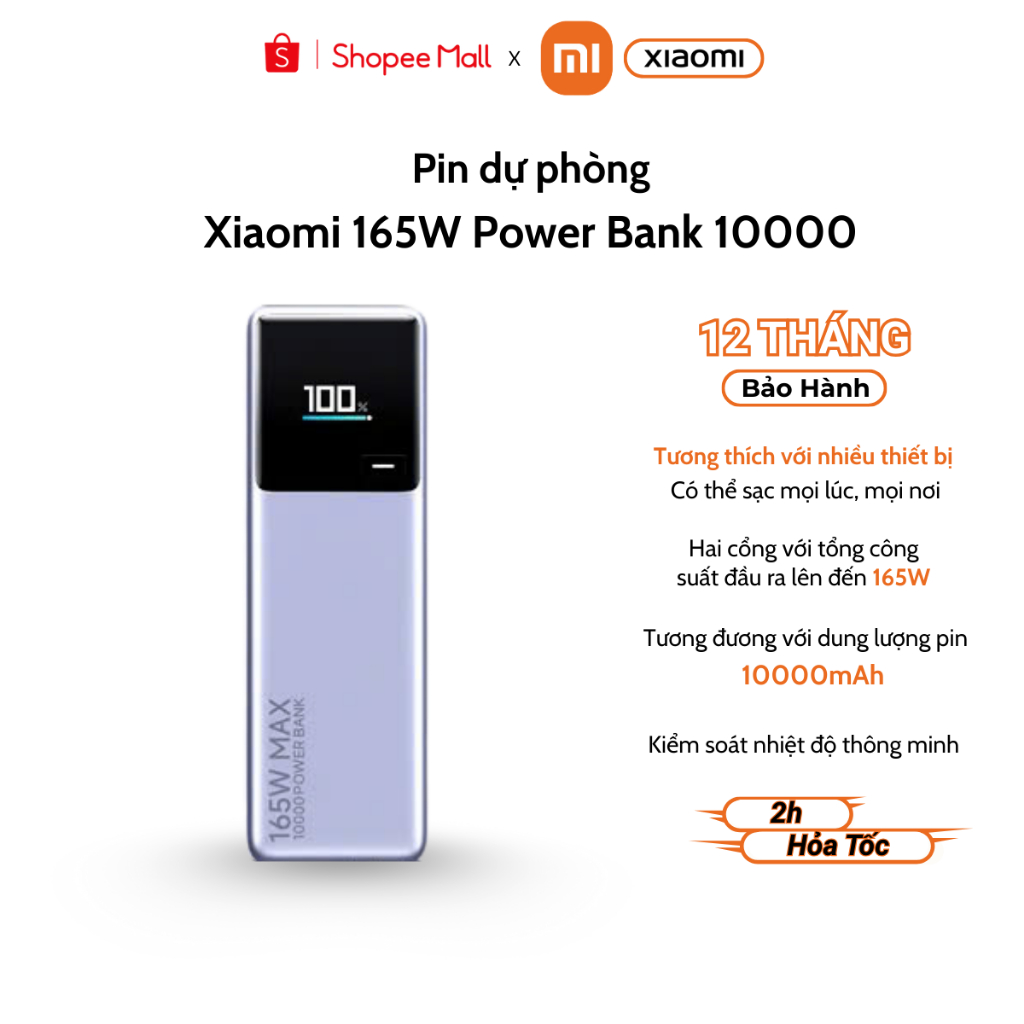 Sạc pin dự phòng Xiaomi Power bank 165W 10000mAh chính hãng - Bảo hành 12 tháng