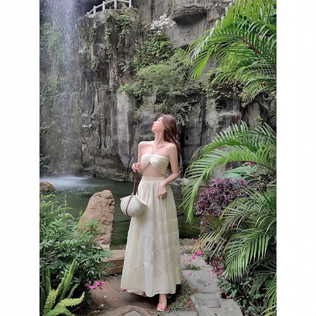 Đầm Maxi Đi Biển Set Váy Nữ Kèm Áo Quây Có Mút Set Váy May 2 Lớp Chất Vải Tơ Xốp Quảng Châu Mềm Mát | BigBuy360 - bigbuy360.vn