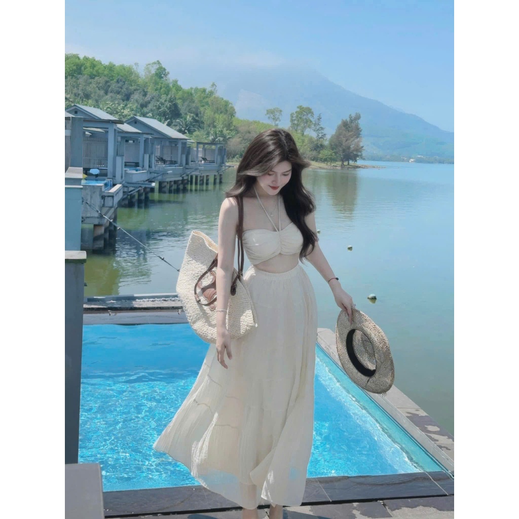 Đầm Maxi Đi Biển Set Váy Nữ Kèm Áo Quây Có Mút Set Váy May 2 Lớp Chất Vải Tơ Xốp Quảng Châu Mềm Mát | BigBuy360 - bigbuy360.vn