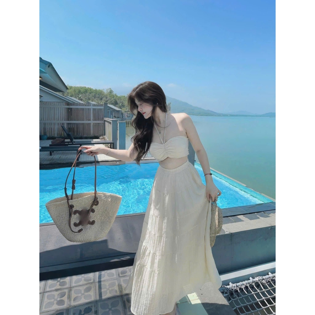 Đầm Maxi Đi Biển Set Váy Nữ Kèm Áo Quây Có Mút Set Váy May 2 Lớp Chất Vải Tơ Xốp Quảng Châu Mềm Mát | BigBuy360 - bigbuy360.vn