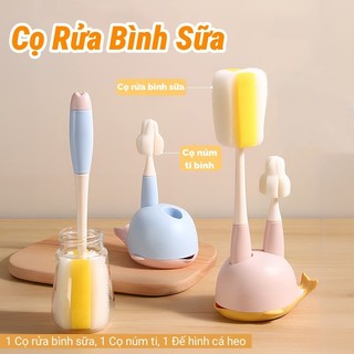  Cọ Rửa Bình Sữa Mút Xốp 2 Chi Tiết Cho Bé Có Đế Phơi Hình Cá Heo Cọ Bình Bọt Biển Siêu Mềm 
