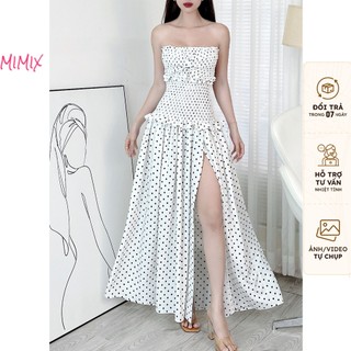 Đầm Maxi 2 Dây MIMIX Váy Nữ Chấm Bi Nhún Thân Phối Nơ Trước Xẻ Tà 2 Màu Chất Đũi Dọc Chấm Bi EN4220