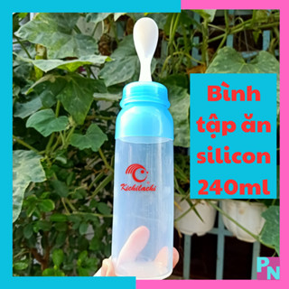 Bình tập ăn cho bé bình tập ăn dặm silicone 240ml Kichi bóp mềm (Không BPA)
