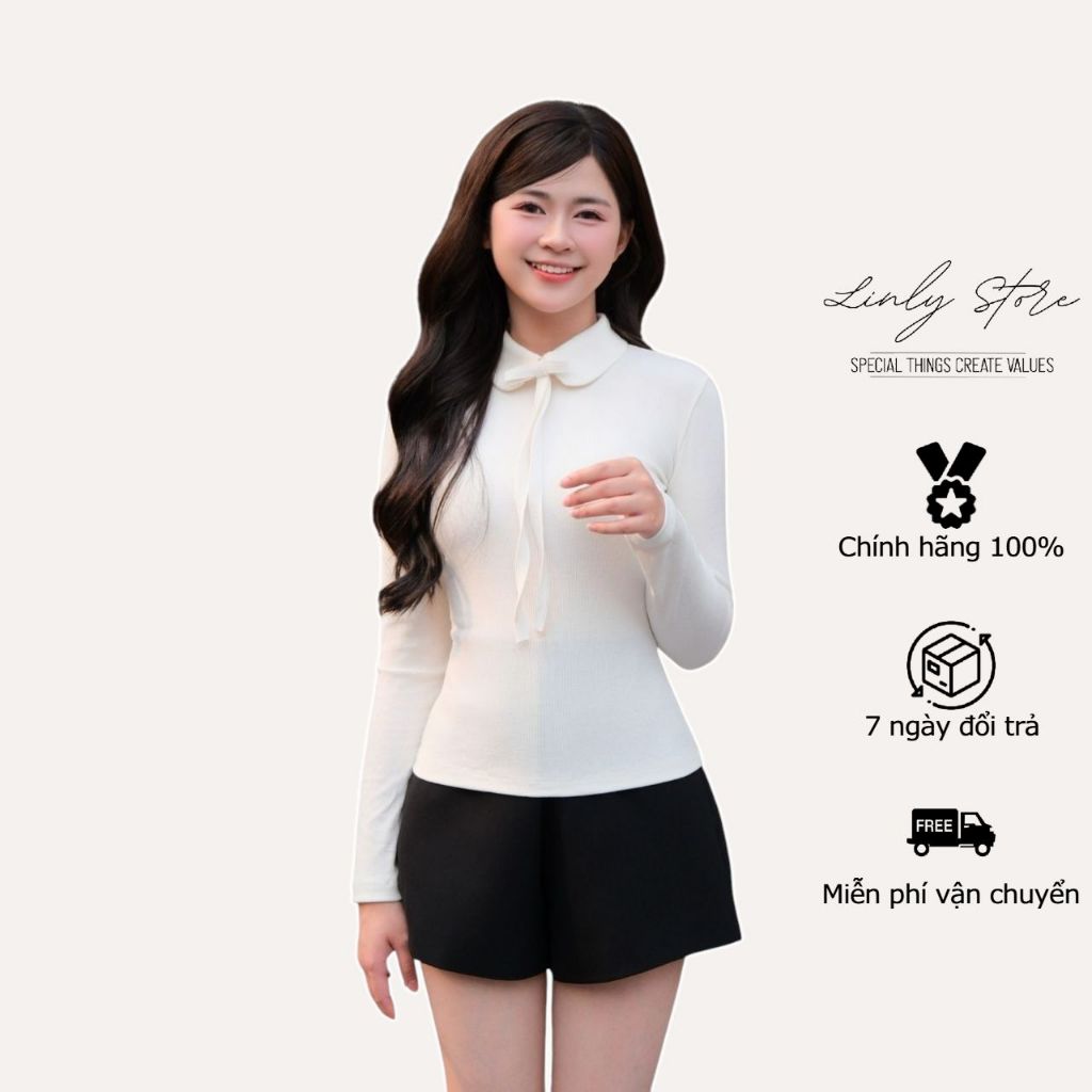 Áo len tăm tay dài cổ sen phối nơ, áo kiểu nữ giữ nhiệt tiểu thư Linly Store A-AT6