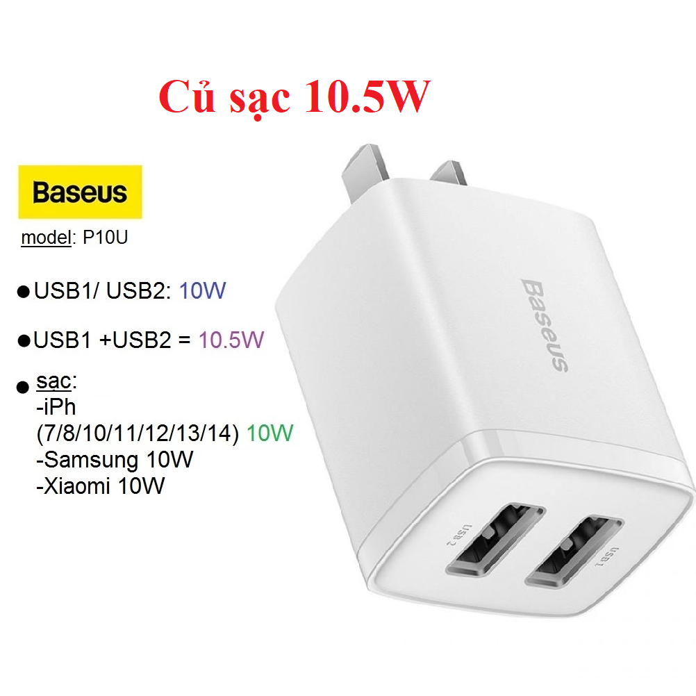 Củ sạc Baseus compact 2 Cổng USB 10.5W sạc nhanh Xs Xr Xsmax 8plus 7plus 6plus ( CCCP10UC)