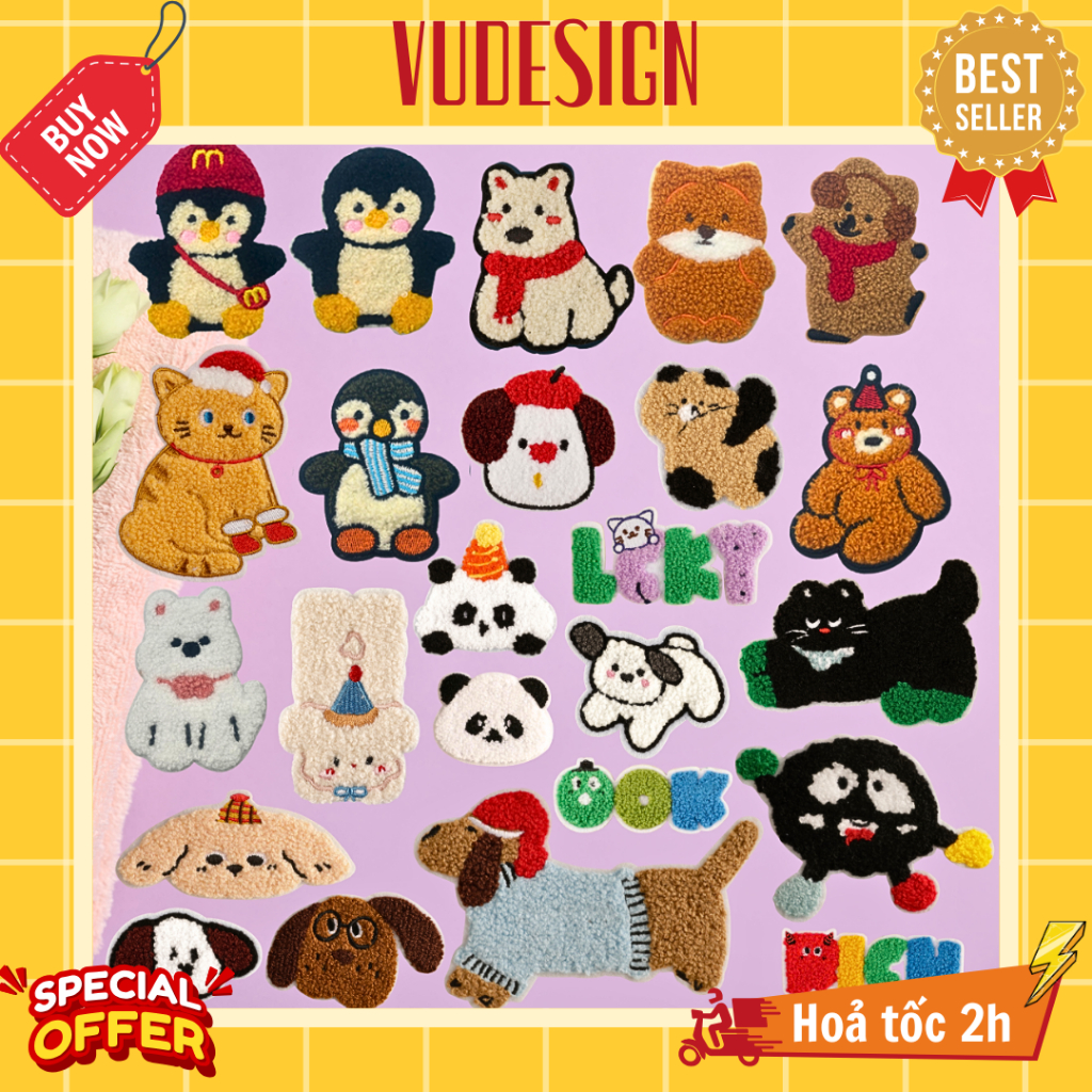 Sticker Vải, Sticker Ủi Thêu Quần Áo, Balo, Túi, Mũ Needle Punch Len Chọt Chữ Con Vật Trang Trí Điện Thoại Vudesign
