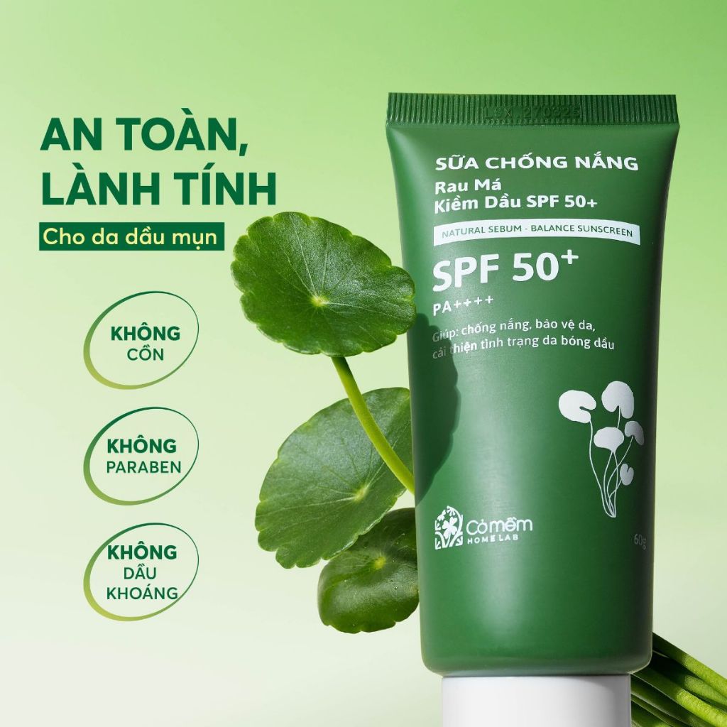 Sữa Chống Nắng Kiềm Dầu Rau Má Phổ Rộng Cho Da Dầu Mụn SPF 50+ PA++++ Cỏ Mềm 60gr