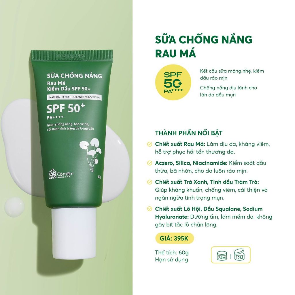 Sữa Chống Nắng Kiềm Dầu Rau Má Phổ Rộng Cho Da Dầu Mụn SPF 50+ PA++++ Cỏ Mềm 60gr