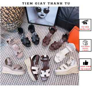 (861-1)Sandal nữ đế xuồng cói qua da sần mềm khuy cài cổ hàng QCCC fullbox ( FOM TO )