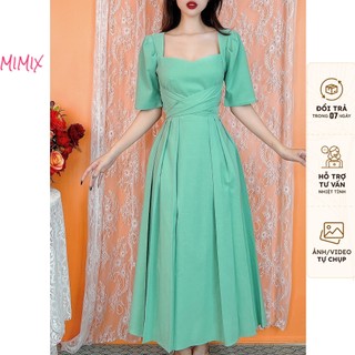 Đầm Midi MIMIX Trơn Nữ Cổ Vuông Tay Ngắn Xếp Ly Kèm Dây Thắt Eo 3 Màu  DO5220