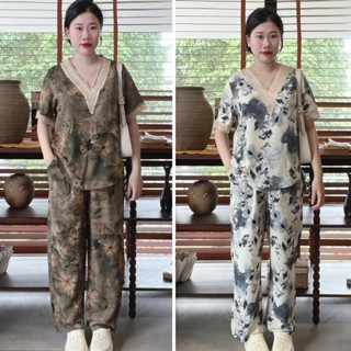 Bộ Lụa Cổ Tim Phối Ren Cho Mẹ Bộ Đồ Trung Niên Quần Dài Tay Ngắn Hoa Văn To