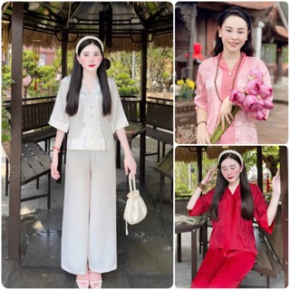 Pháp phục lễ chùa vải lụa phối gấm hoa mẫu đơn tay lỡ Thiên Đi đồ lam đi chùa cao cấp cho nữ D16