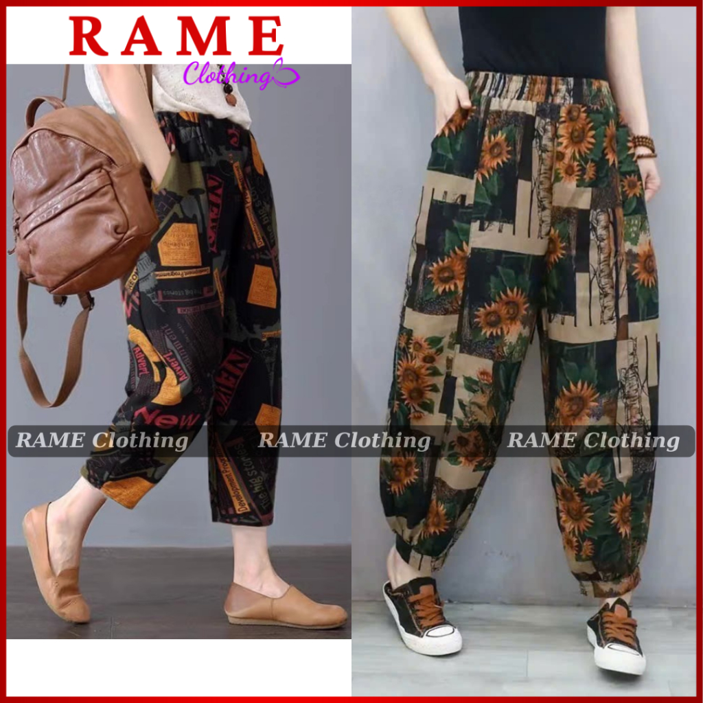 Quần Dáng Thụng Baggy Nữ Nhiều Họa Tiết Chất Vải Thô Linen Thoáng Mát