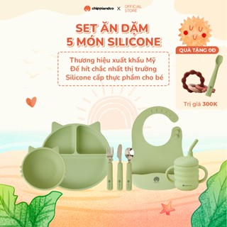 Set ăn dặm silicon 5 món Khay- Bát- Yếm- Cốc- Thìa dĩa dao hình mèo cao cấp CHIPPIANDCO đế hít chống đổ