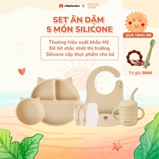Set ăn dặm 5 món Bát- Khay- Yếm- Cốc- Thìa dĩa silicon hình gấu cao cấp cho bé CHIPPIANDCO đế hít chống đổ