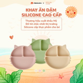 Khay ăn dặm silicon cho bé CHIPPIANDCO Khay ăn dặm chia ngăn hình mèo có đế hít chống đổ, chống trượt