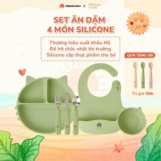 Set ăn dặm 4 món silicon cho bé hình gấu và hình mèo cao cấp CHIPPIANDCO đế hít chống lật