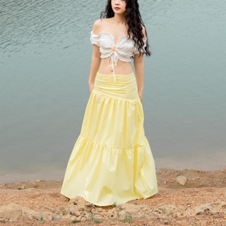 Chân váy dài May lily Chân váy xòe 3 tầng thắt eo chéo cách điệu, Chân váy midi dáng dài màu vàng gà con
