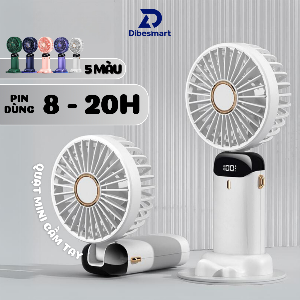Quạt Mini Cầm Tay Pin 5000mAh DIBESMART, Tích Điện, Gió Mạnh, Hiển Thị Phần Trăm Pin, Pin Dung Lượng