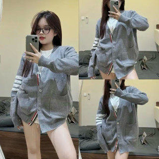 Áo Khoác Cardigan Tay Kẻ Sọc Có Túi Phối Viền 3 Màu Chất Len Lông Thỏ Mềm Mịn, Labibi