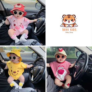 Áo Liền Quần Tay Ngắn Vải Cotton Thoáng Khí Hình Gấu Dâu Tây Xinh Xắn Đáng Yêu Cho Bé Trai Bé Gái Từ 3-11kg, Body Suit