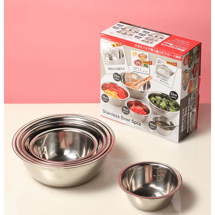 BỘ 05 TÔ INOX 304 CAO CẤP FULL HỘP, BỘ 05 TÔ TRỘN CÓ VẠCH ĐO TIỆN LỢI