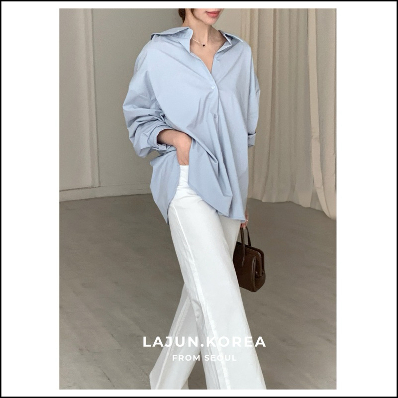 [LAJUN KOREA]  Áo Sơ Mi Double Tay Dài Oversize Chất Mềm Co Giãn Nhẹ Khá Ít Nhăn 2 Kiểu Cổ Hàn Quốc