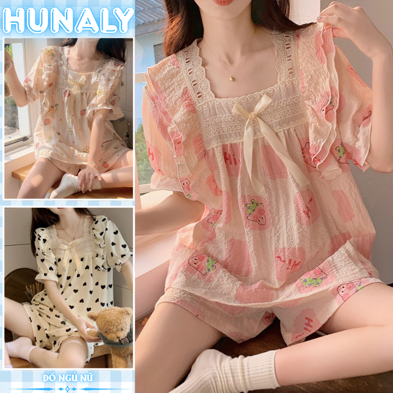 Bộ pyjama tay ngắn tiểu thư, đồ ngủ nữ mặc nhà mùa hè chất đũi xốp babydoll bigisze 91 M-2