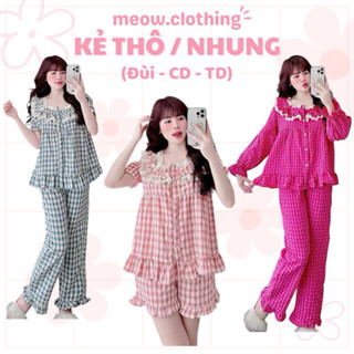 Đồ Bộ Mặc Nhà, Set Ngủ Nữ Đùi, Dài Tiểu Thư Phối Ren Kẻ Caro Thô, Nhung Freesize <58kg