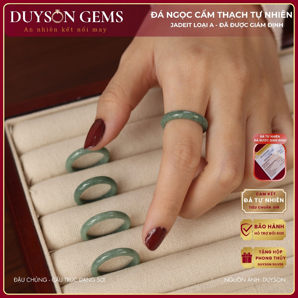 Nhẫn Duyson Gems phỉ thúy cẩm thạch Jade type A xanh ngọc đậu cao cấp NPT1