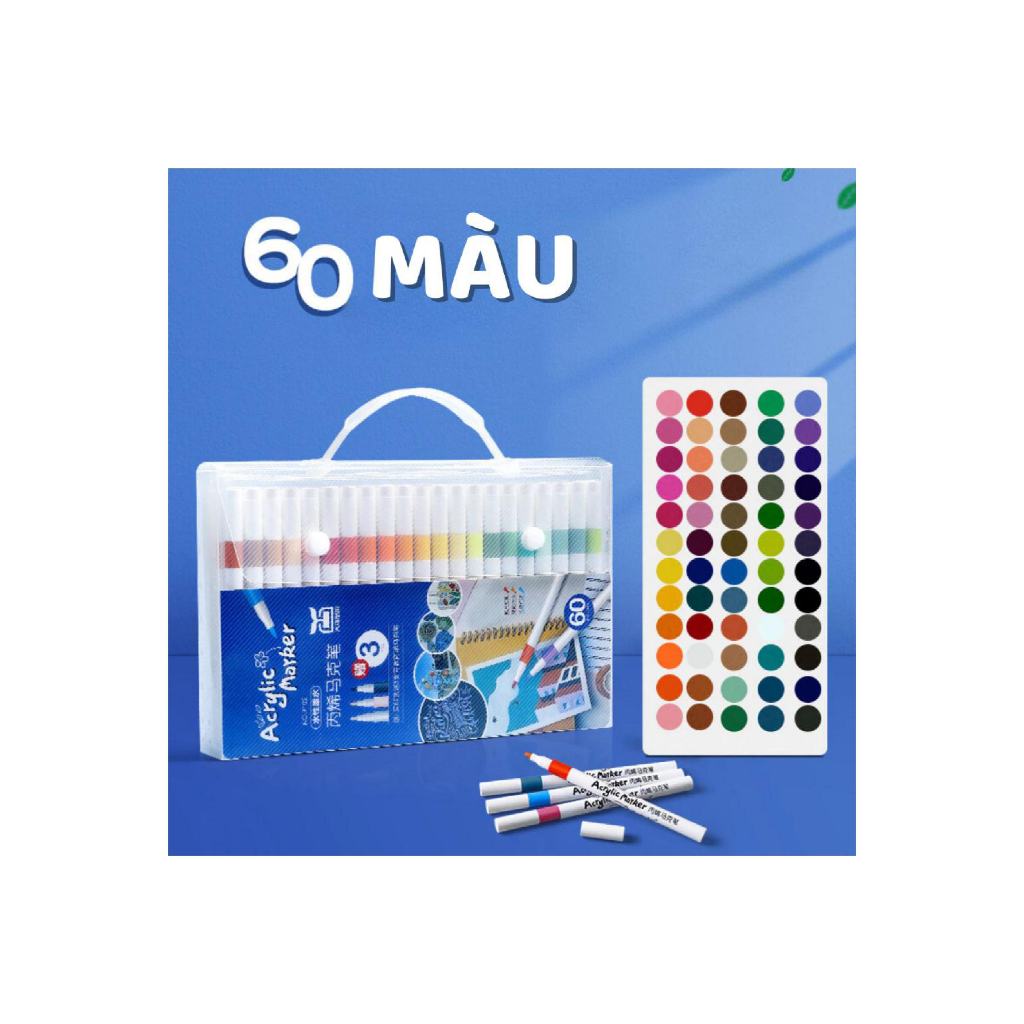 Bộ bút dạ marker màu acrylic 60 màu Bút dạ acrylic marker cao cấp nước mọi chất liệu