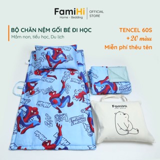 Bộ nệm mền gối lụa Tencel 60S cho bé trai đi học mầm non tiểu học FamiHi cao cấp, chăn trẻ em 100% Lyocell sợi tự nhiên.