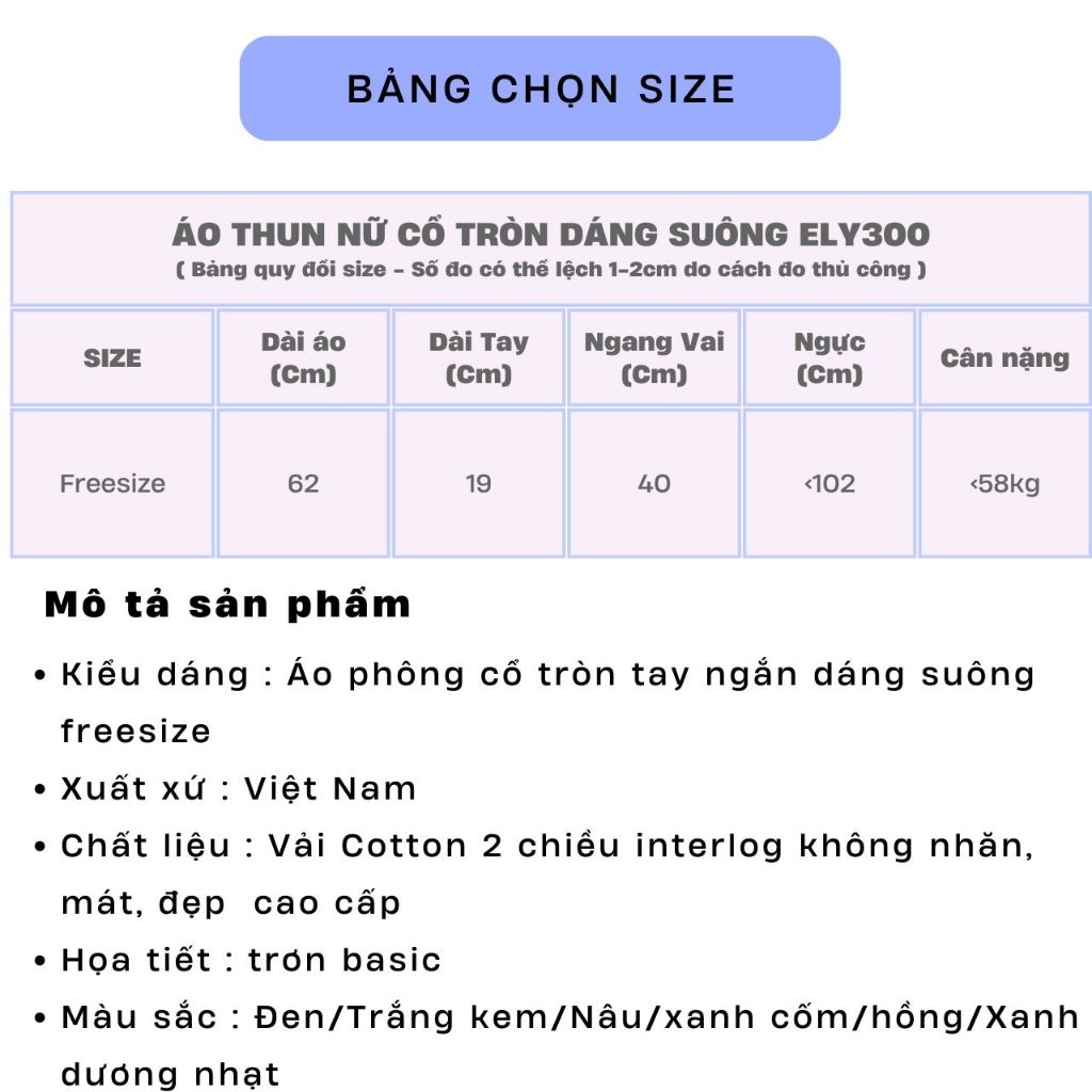 Áo Thun nữ cổ tròn cộc tay ELY Cotton cao cấp không nhăn mát may kỹ áo phông đẹp Freesize ELY300 | BigBuy360 - bigbuy360.vn