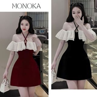  Váy dự tiệc cổ yếm chất nhung trễ vai bèo dáng xòe ngắn sang trọng Đầm nữ đi chơi lễ tết ăn hỏi cưới xinh T586G MONOKA 