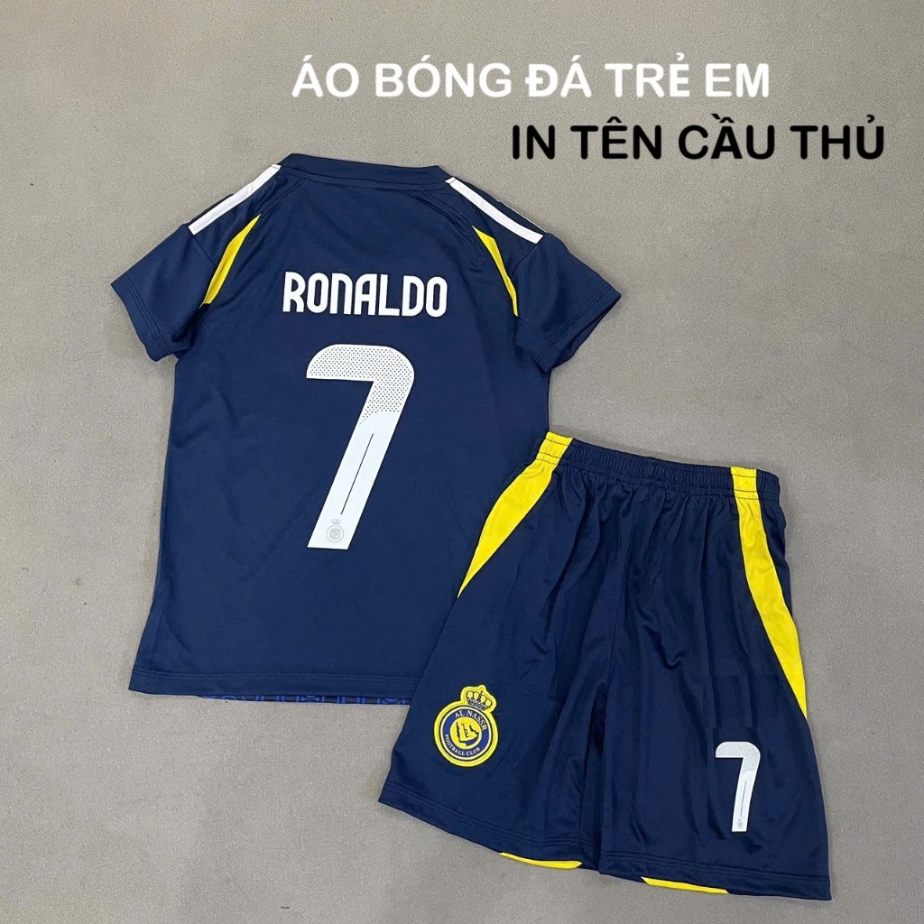 Bộ quần áo bóng đá Al Nassr xanh sân khách 2025 trẻ em in tên Ronaldo số 7
