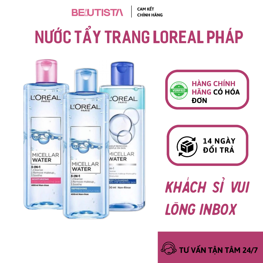 Nước tẩy trang Loreal nước tẩy trang 3-in-1 Micellar Water 400ml làm sạch sâu, dưỡng ẩm cho mọi loại
