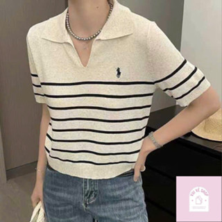 Áo Len Dệt Kim Cổ Bẻ V Tay Ngắn Áo Len Mongtoghi Cổ Polo Sọc Ngang Thêu Ngựa Ngực Tay Ngắn Hàng Qc | Vui Vẻ