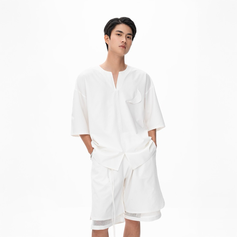 Set đồ nam đi biển - Áo sơ mi trắng linen sợi dệt + quần short lót lưới Villa Wings