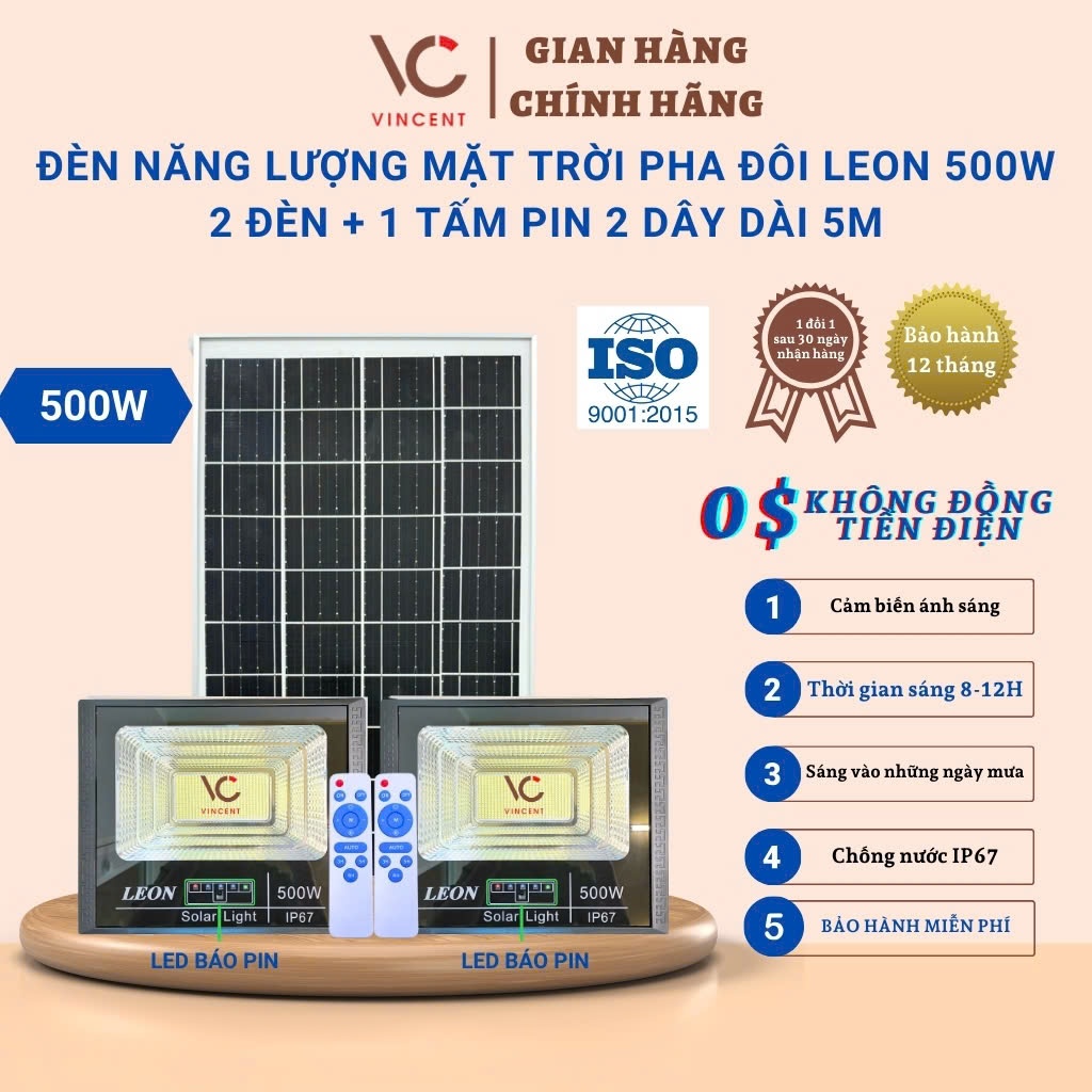 Đèn led năng lượng mặt trời VINCENT LED, đèn pha đôi LEON trang trí sân vườn 300W,500W,cảm biến,có điều khiển BH 1 năm